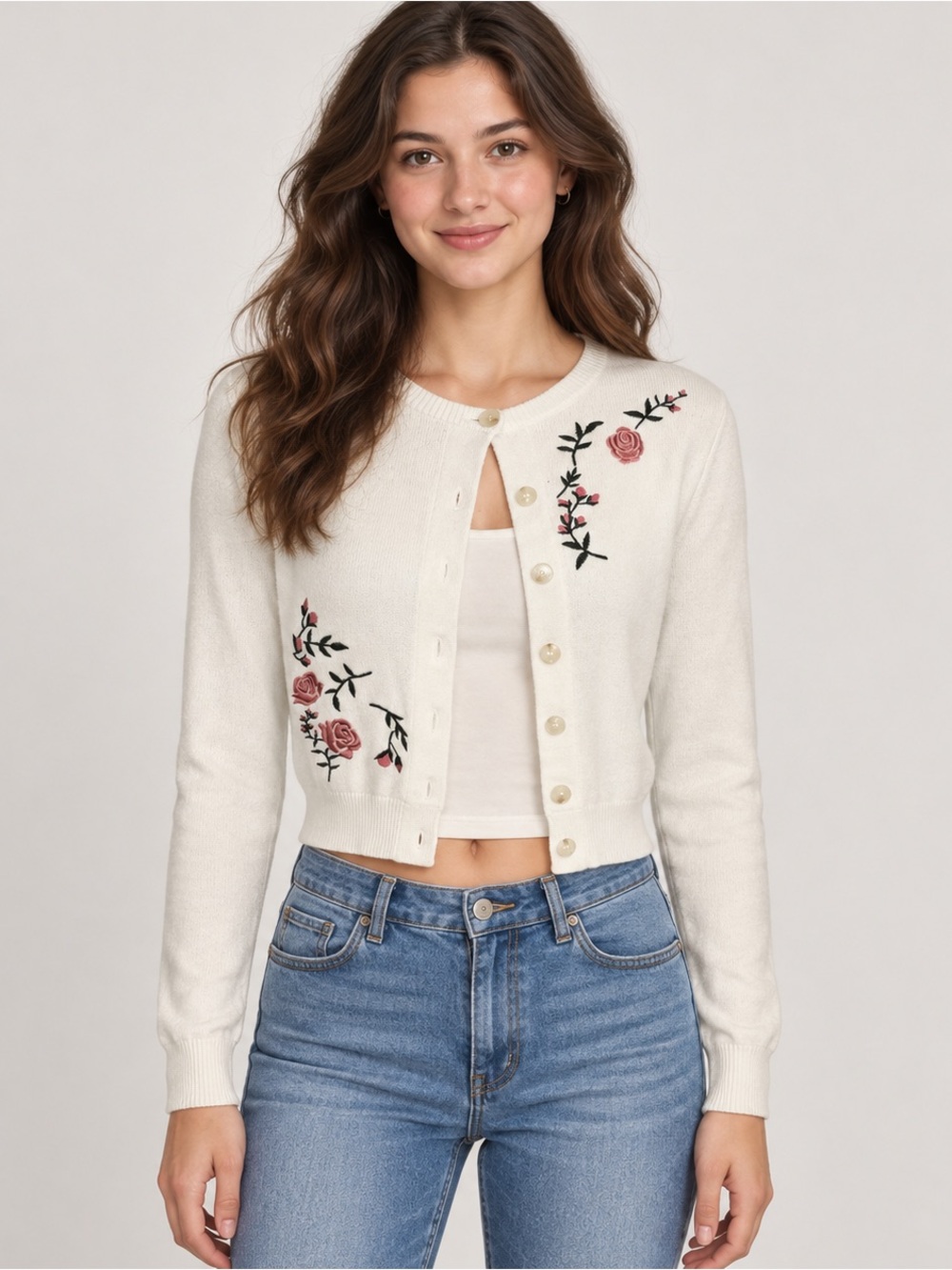 White rose embroidered soft cropped fitted cardigan romantic cottagecore